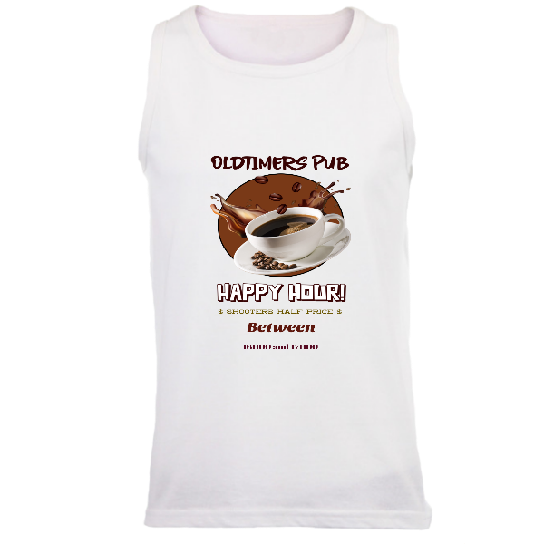 Alizteasetees Men’s Vest – Oldtimers Pub Happy Hour Half Price 16H00 to 17H00.