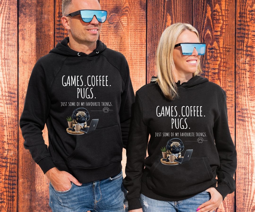 Coffee.Games.Pugs Men and Woman Hoodie